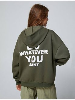 Zippered Sweatshirt Hooded Slogan Printed