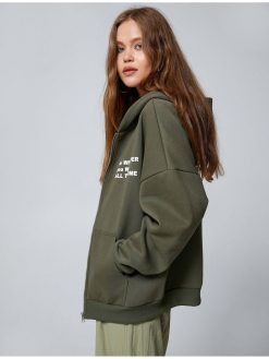 Zippered Sweatshirt Hooded Slogan Printed
